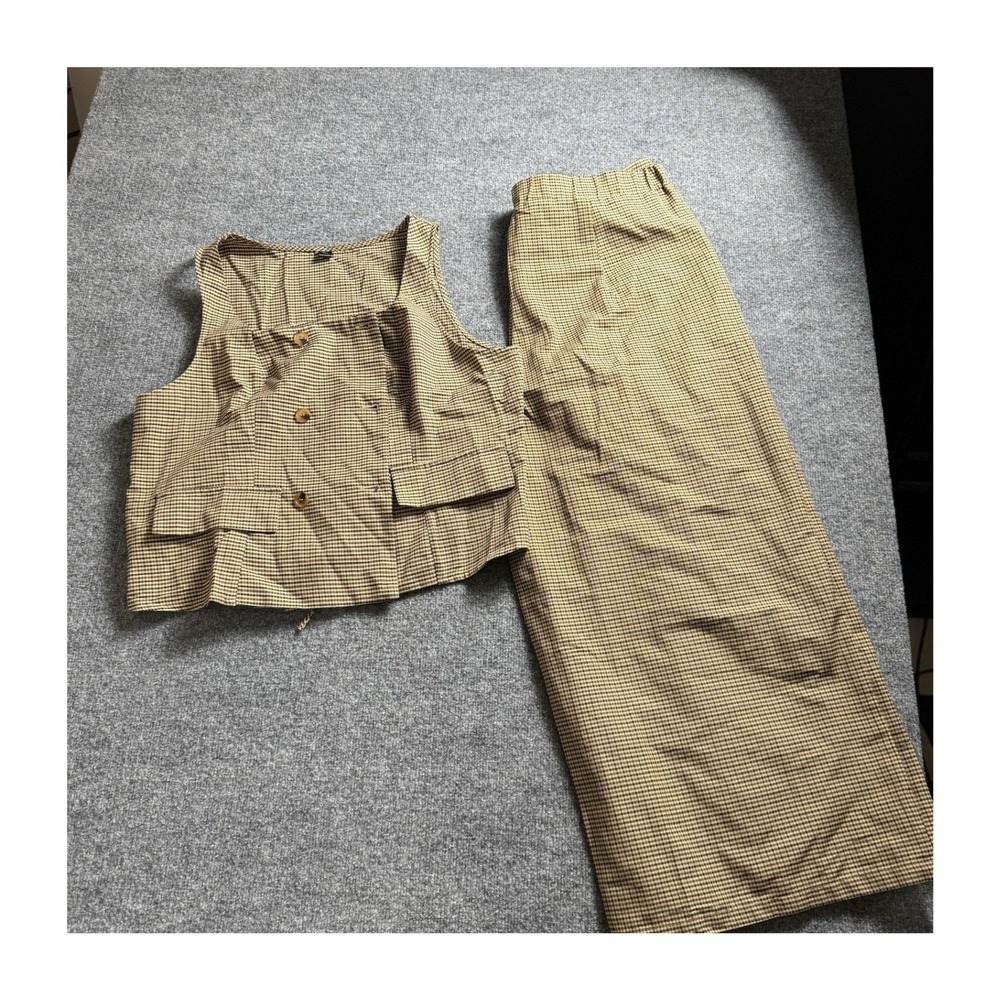 Vintage Houndstooth Vest Pants Set Double Breasted Cropped Waistcoat Trouser 3X